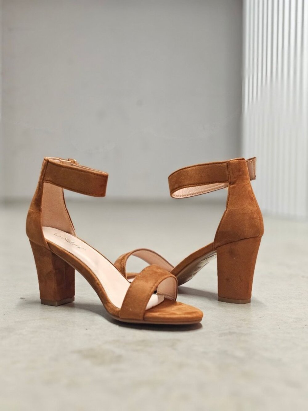 Tan Faux Suede Block Heel Sandals With Adjustable Ankle Strap Open Toe Design Wo - Picture 13 of 14